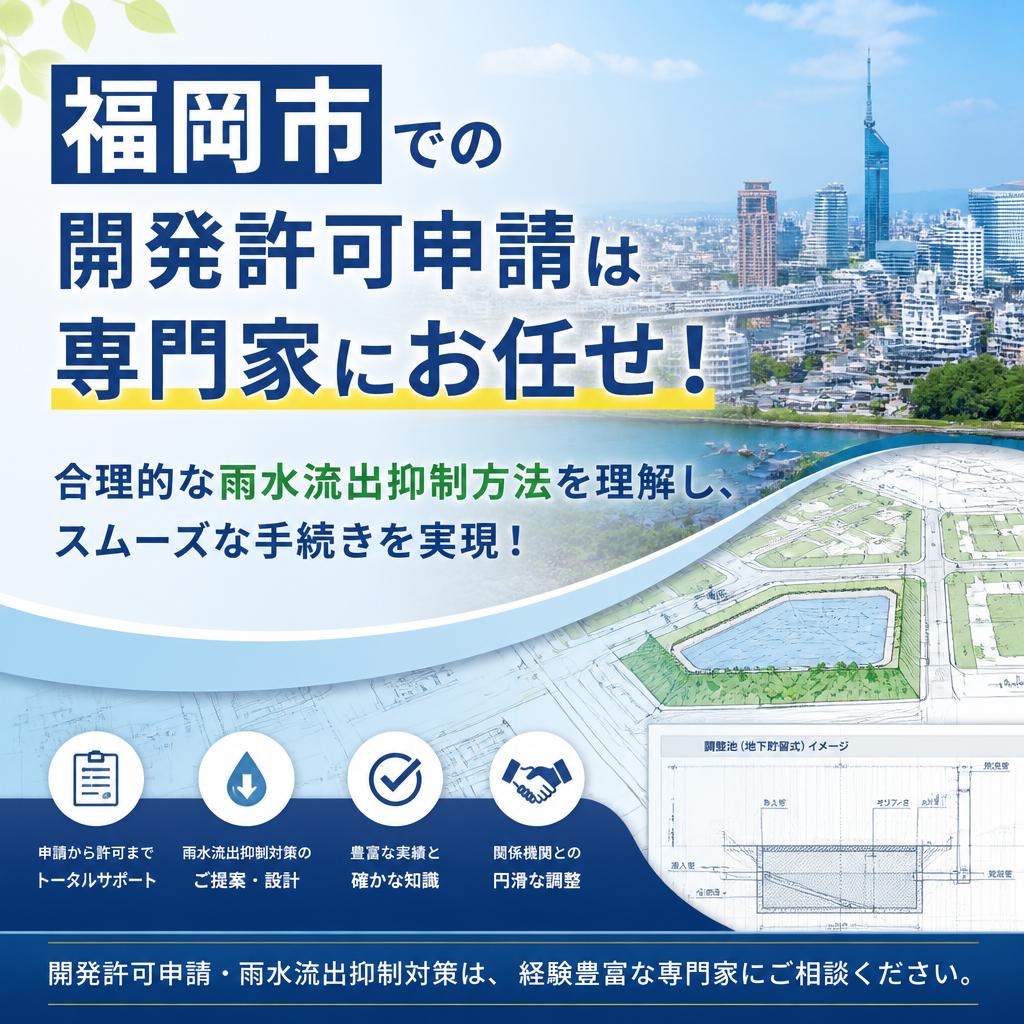 福岡市での開発許可申請は専門家にお任せ！<br />
合理的な雨水流出抑制方法を理解し、スムーズな手続きを実現！