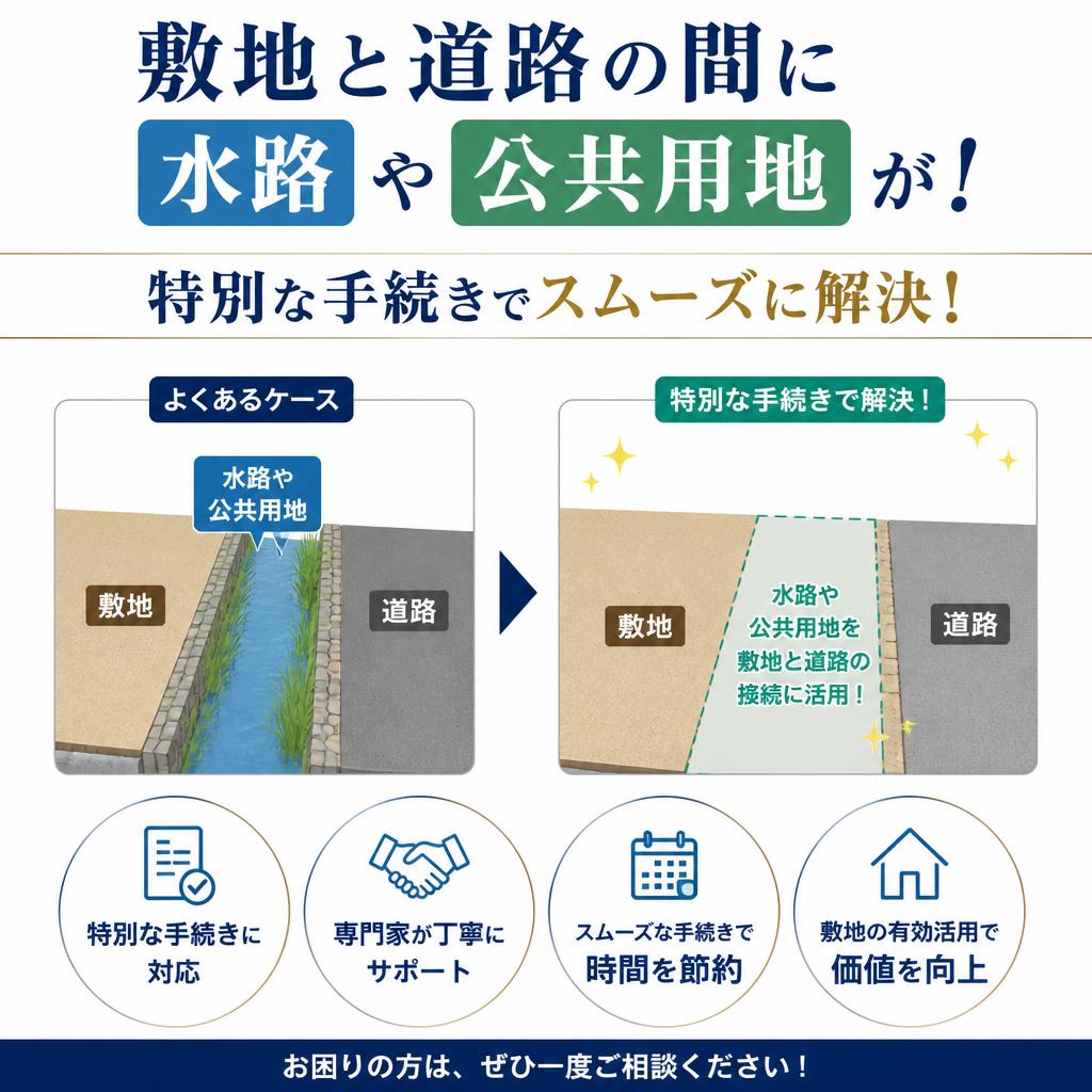 敷地と道路の間に水路や公共用地が！特別な手続きでスムーズに解決！