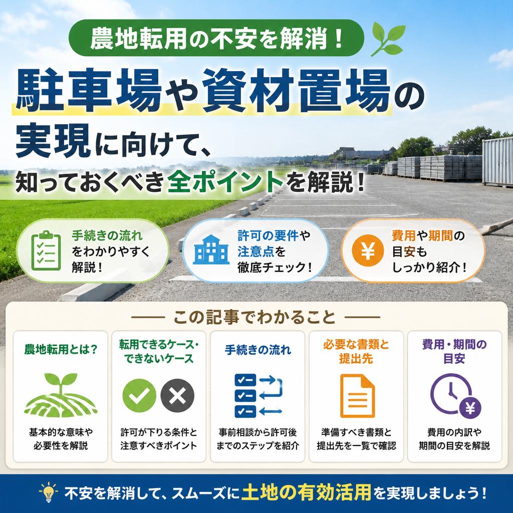 農地転用の不安を解消！駐車場や資材置場の実現に向けて、知っておくべき全ポイントを解説！