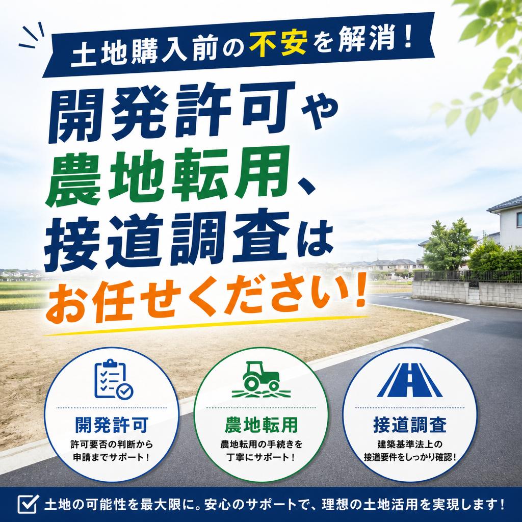 「土地購入前の不安を解消！開発許可や農地転用、接道調査はお任せください！」