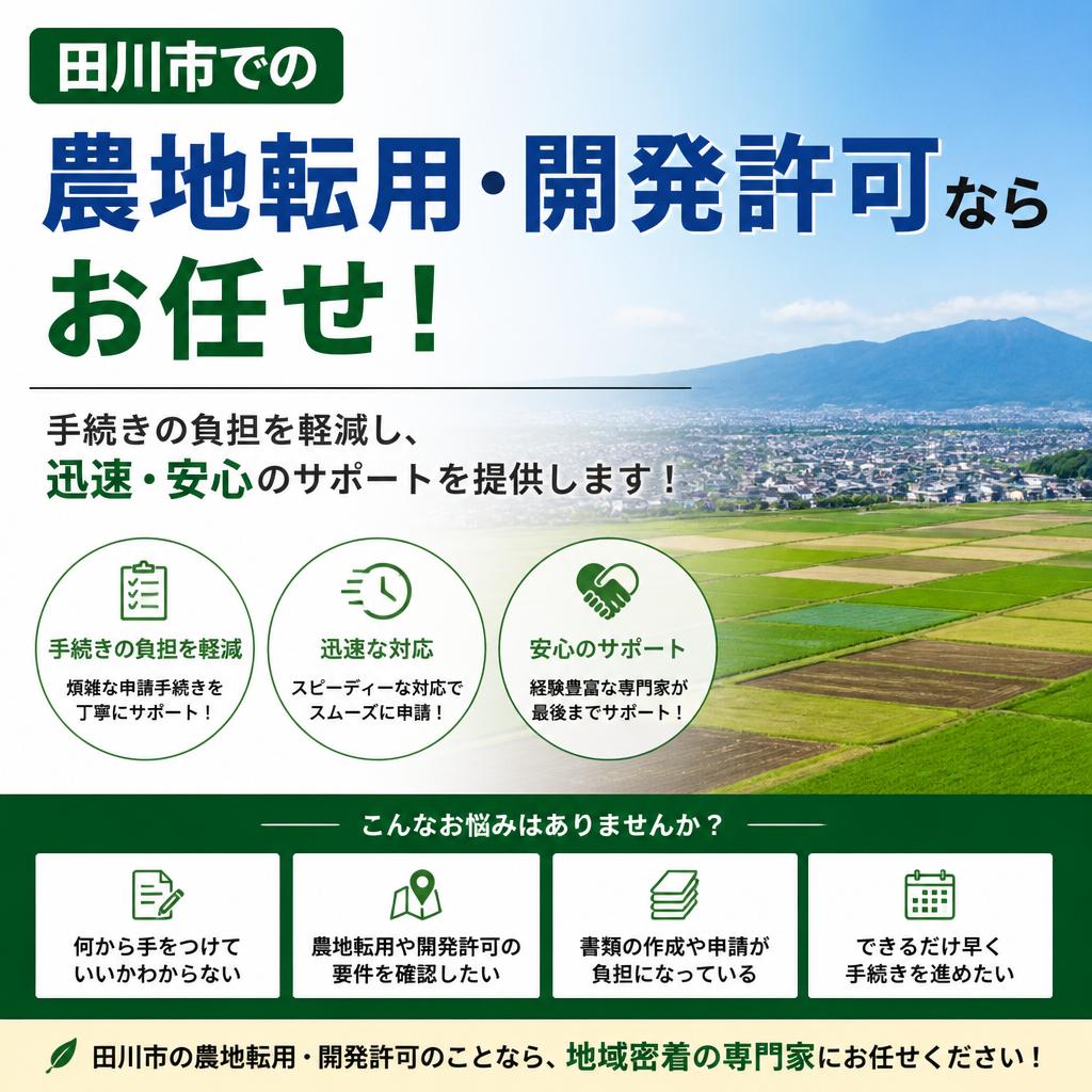 田川市での農地転用・開発許可ならお任せ！手続きの負担を軽減し、迅速・安心のサポートを提供します！