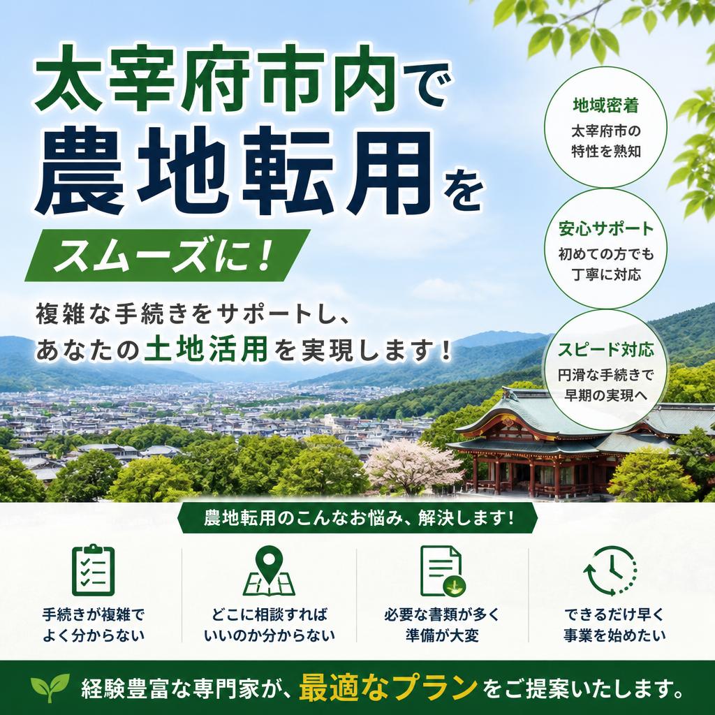 太宰府市内で農地転用をスムーズに！
複雑な手続きをサポートし、あなたの土地活用を実現します！
