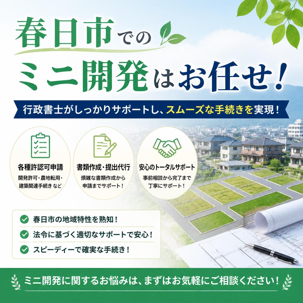 春日市でのミニ開発はお任せ！
行政書士がしっかりサポートし、スムーズな手続きを実現！
